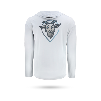 COVELiFE SolarTech UPF 50+ Hoodie Pearl Grey - back graphic with brand goat mascot.