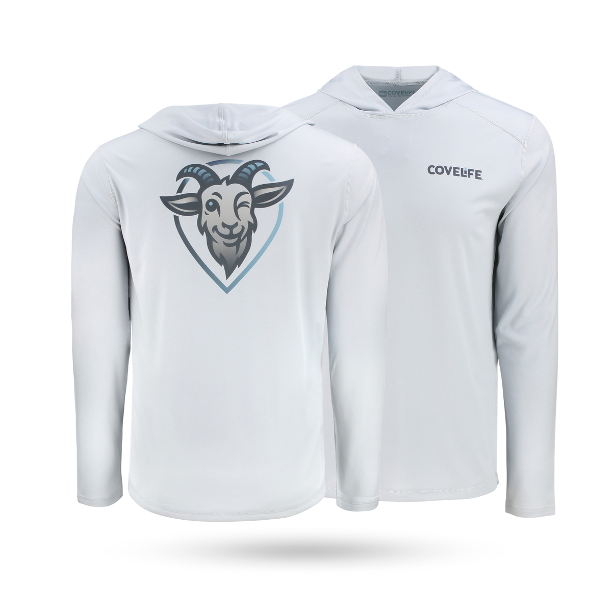 COVELiFE SolarTech UPF 50+ Hoodie Pearl Gray- Front & Back with covelife wordmark left with back graphic of brand goat mascot fullback.