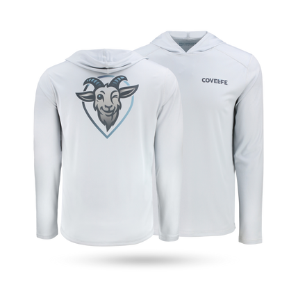 COVELiFE SolarTech UPF 50+ Hoodie Pearl Gray- Front & Back with covelife wordmark left with back graphic of brand goat mascot fullback.
