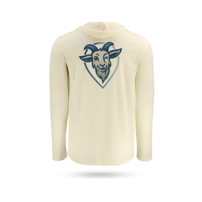 COVELiFE SolarTech UPF 50+ Hoodie Sandbar - back graphic with brand goat mascot.