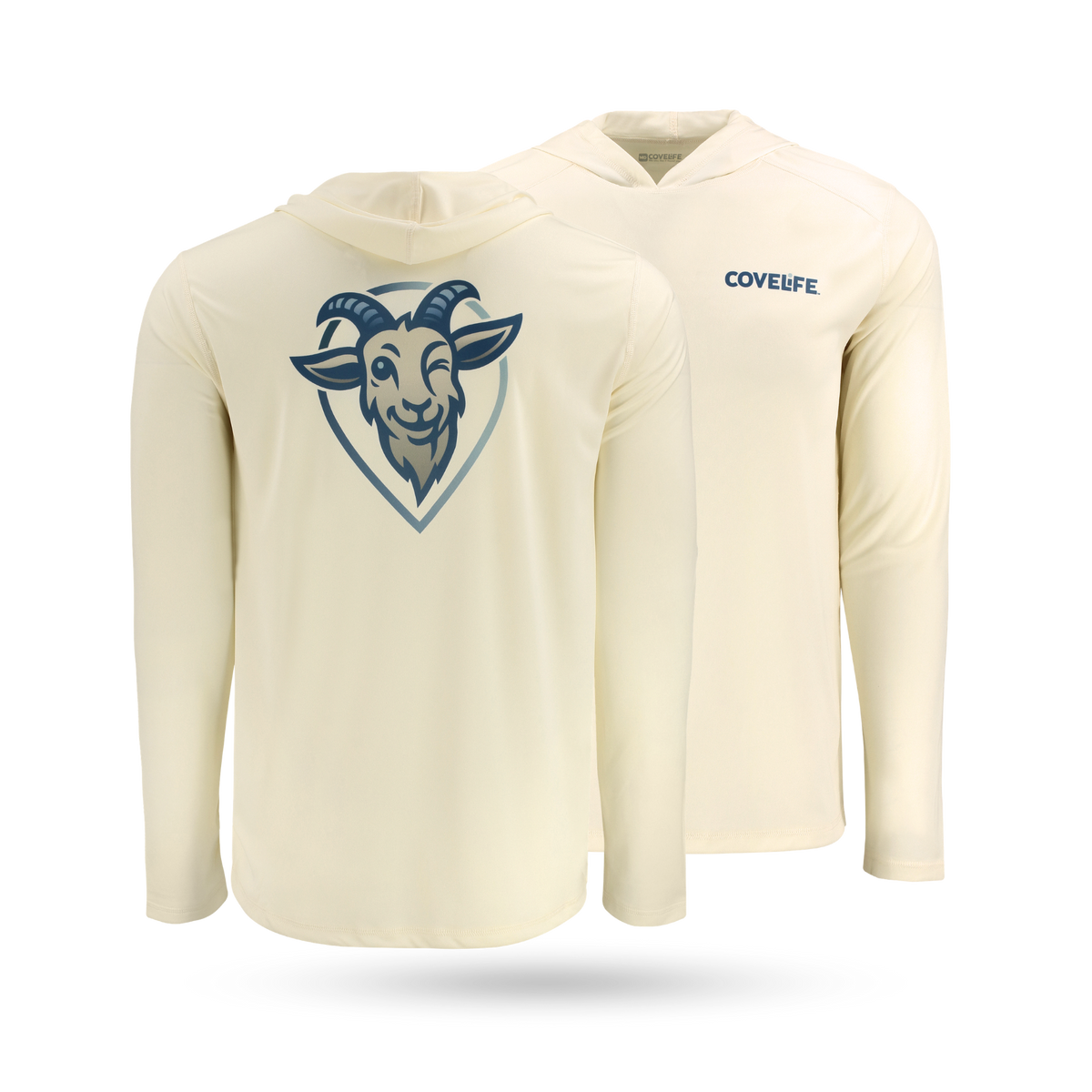COVELiFE SolarTech UPF 50+ Hoodie Sandbar - Front & Back with covelife wordmark left with back graphic of brand goat mascot fullback.