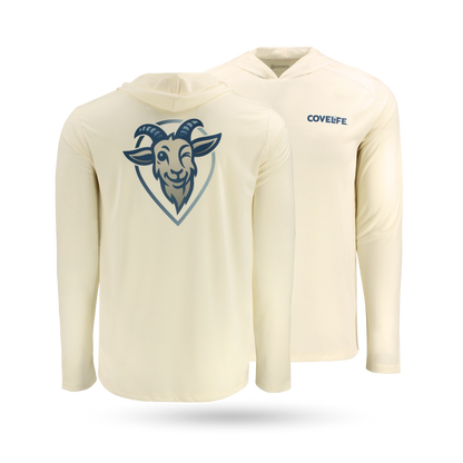 COVELiFE SolarTech UPF 50+ Hoodie Sandbar - Front & Back with covelife wordmark left with back graphic of brand goat mascot fullback.