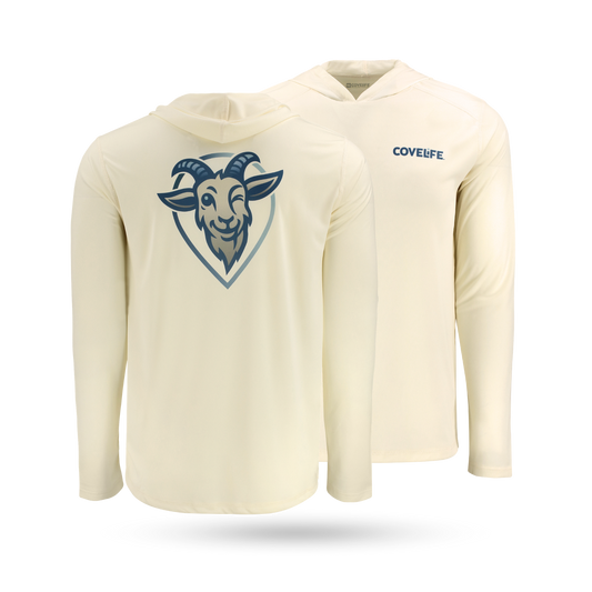 COVELiFE SolarTech UPF 50+ Hoodie Sandbar - Front & Back with covelife wordmark left with back graphic of brand goat mascot fullback.