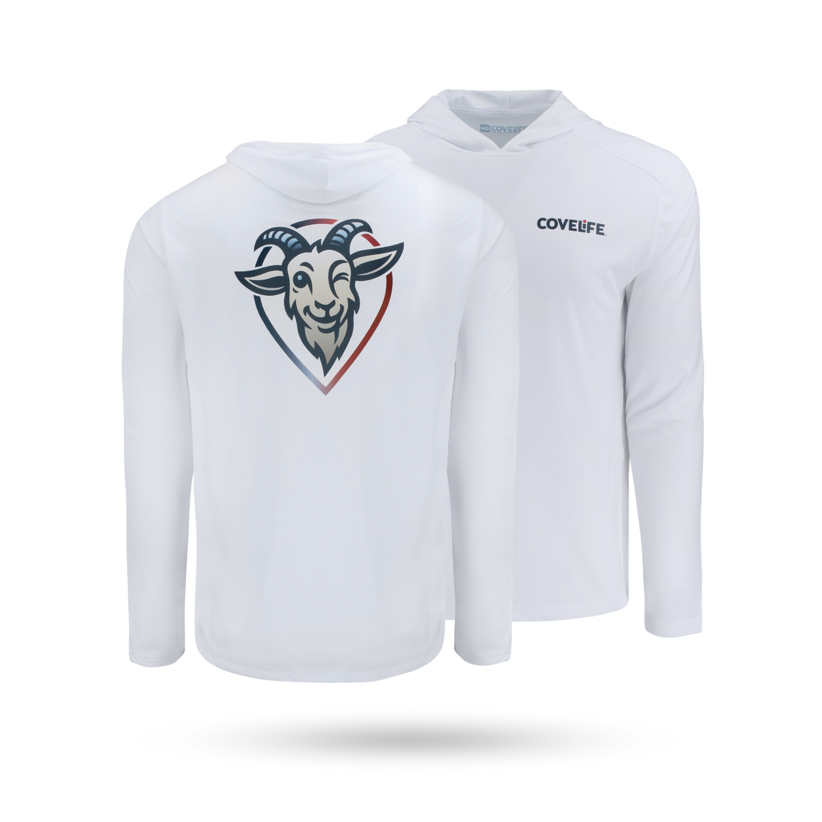 COVELiFE SolarTech UPF 50+ Hoodie White - Front & Back with covelife wordmark left with back graphic of brand goat mascot fullback.