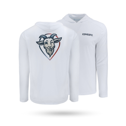 COVELiFE SolarTech UPF 50+ Hoodie White - Front & Back with covelife wordmark left with back graphic of brand goat mascot fullback.