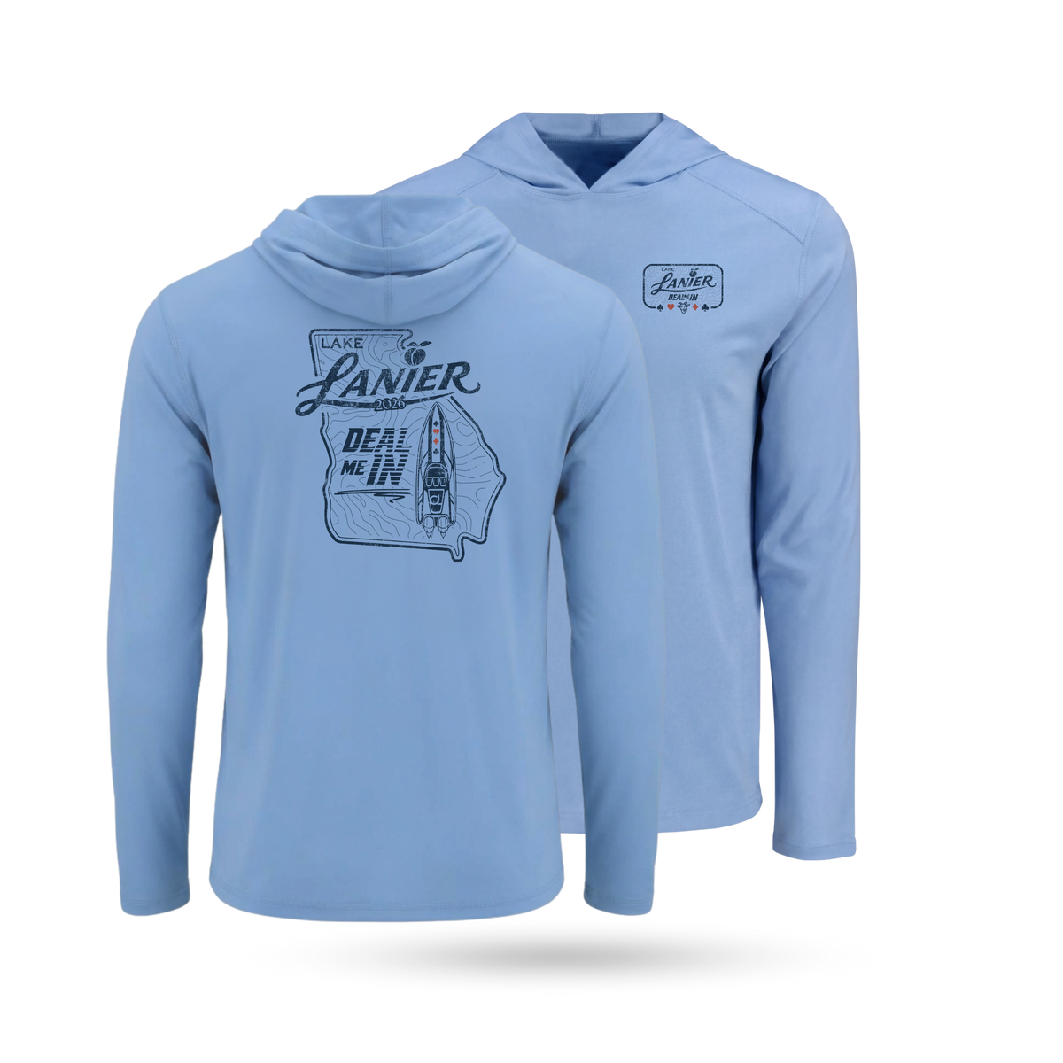 Columbia Blue long-sleeve SolarTech hooded UPF 50+ shirt shown from the front and back . Features Lanier DEAL ME IN" graphic on left chest and full back.