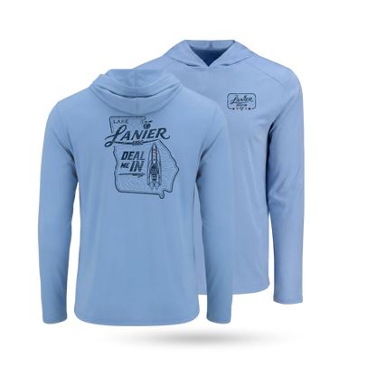 Columbia Blue long-sleeve SolarTech hooded UPF 50+ shirt shown from the front and back . Features Lanier DEAL ME IN" graphic on left chest and full back.