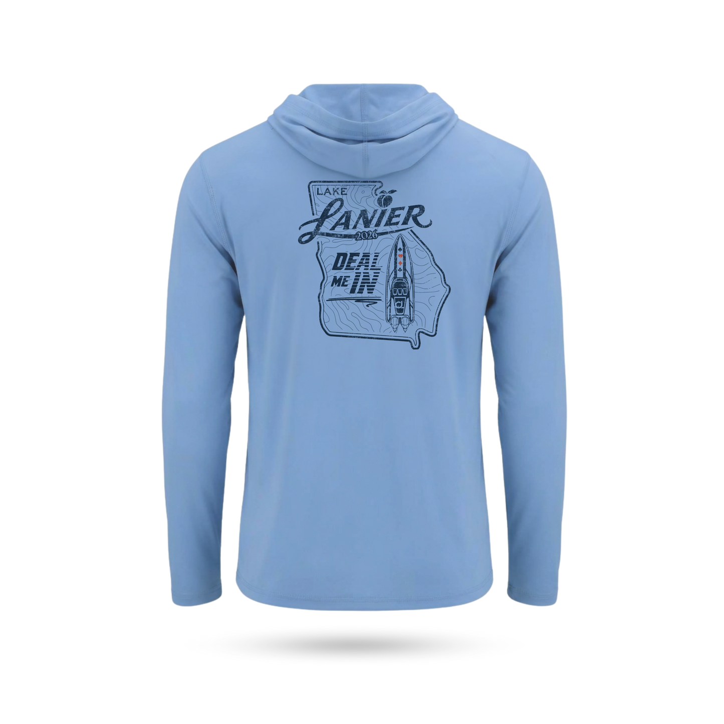 Columbia Blue UPF 50+ SolarTech SUN PROTECTION LS Pullover Hoodie with Lanier "DEAL ME IN" Graphic on back