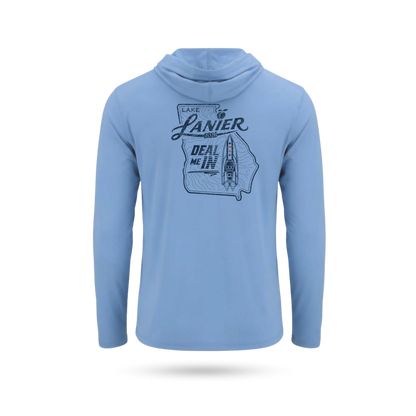 Columbia Blue UPF 50+ SolarTech SUN PROTECTION LS Pullover Hoodie with Lanier "DEAL ME IN" Graphic on back