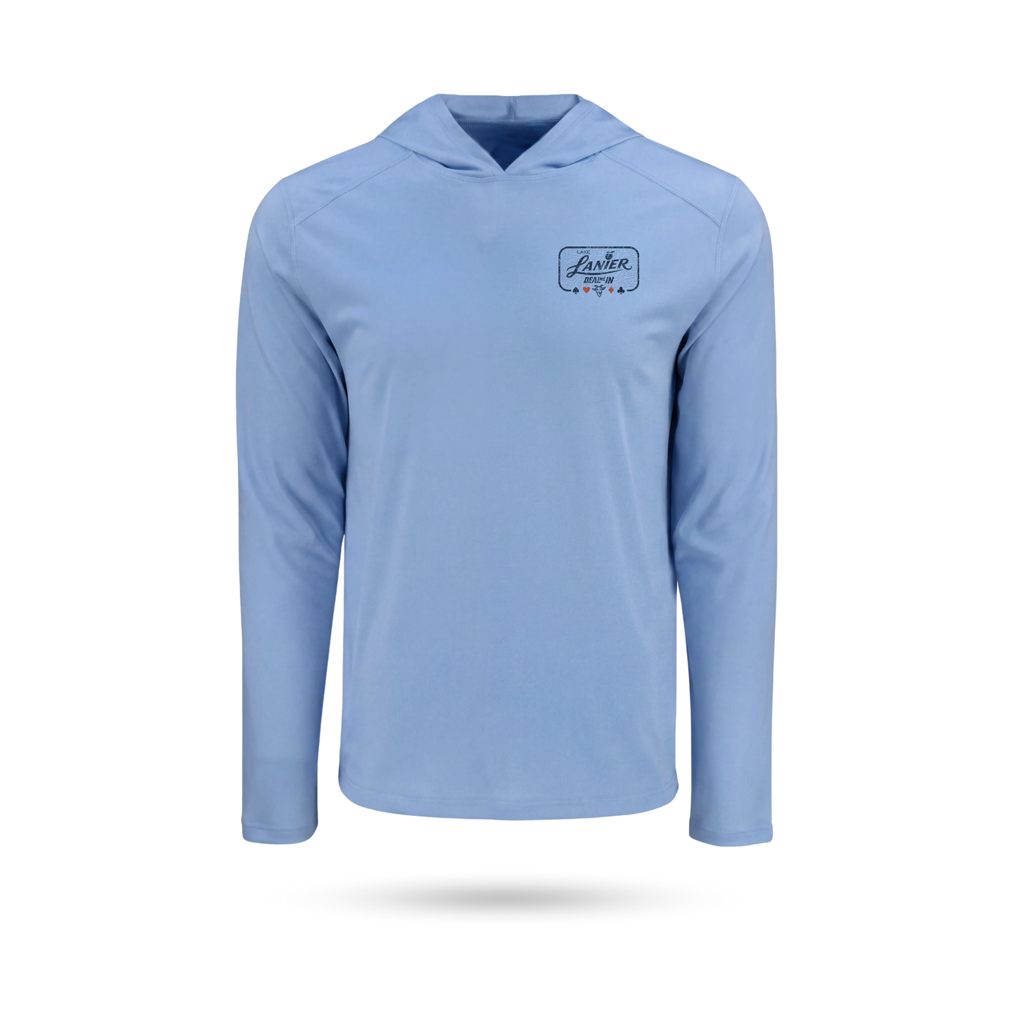 Columbia Blue long-sleeve hooded SolarTech performance shirt with a left chest Lanier "DEAL ME IN" logo on the left chest, displayed on a clean white background with a soft drop shadow.