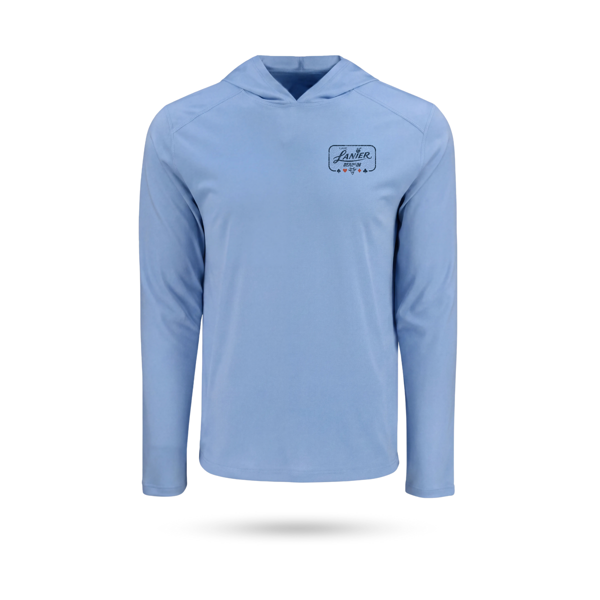 Columbia Blue long-sleeve hooded SolarTech performance shirt with a left chest Lanier "DEAL ME IN" logo on the left chest, displayed on a clean white background with a soft drop shadow.