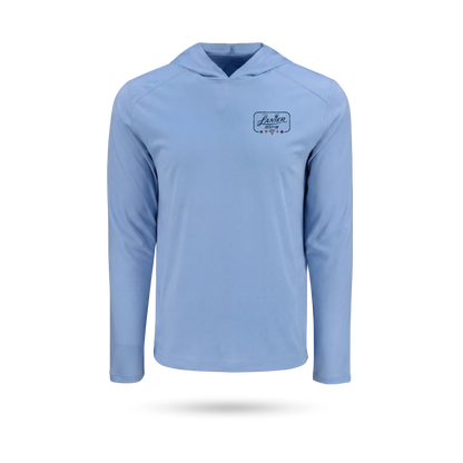 Columbia Blue long-sleeve hooded SolarTech performance shirt with a left chest Lanier "DEAL ME IN" logo on the left chest, displayed on a clean white background with a soft drop shadow.