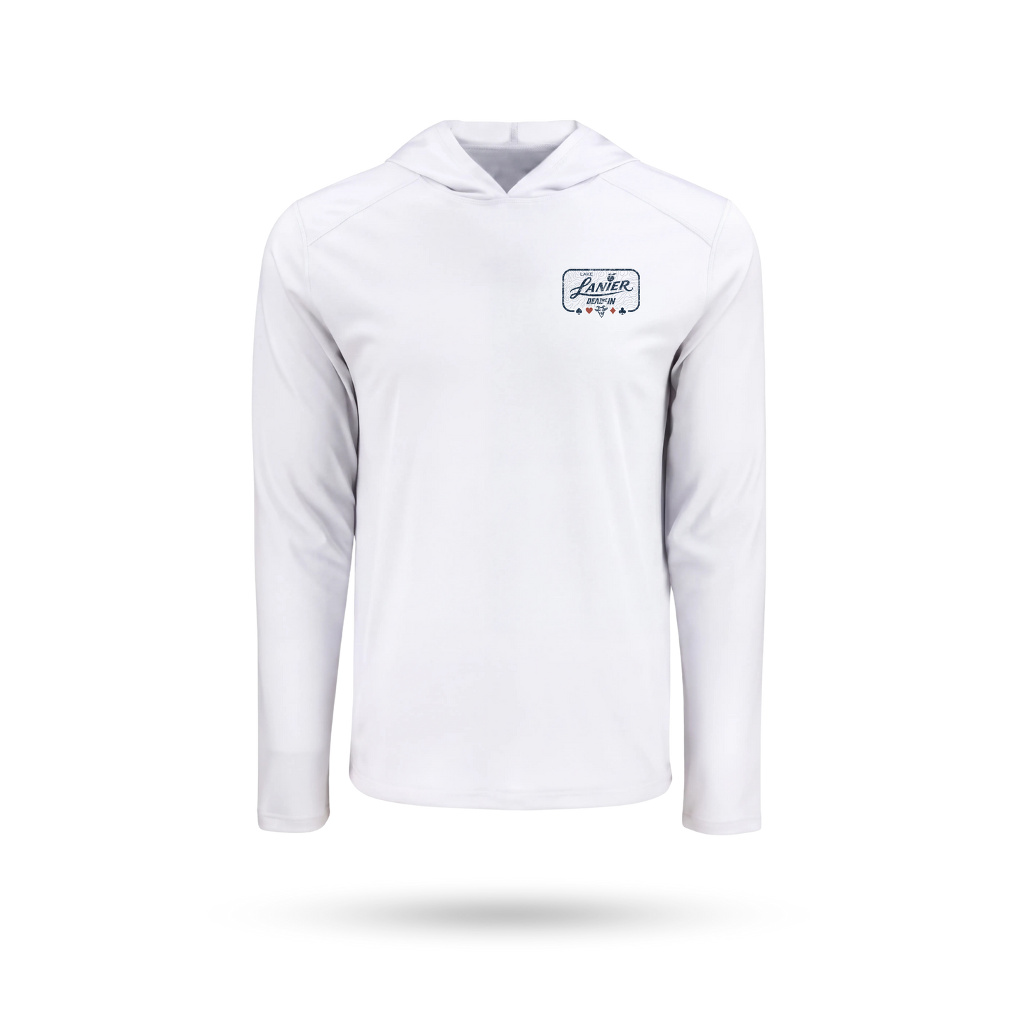 White long-sleeve hooded SolarTech performance shirt with a left chest Lanier "DEAL ME IN" logo on the left chest, displayed on a clean white background with a soft drop shadow.