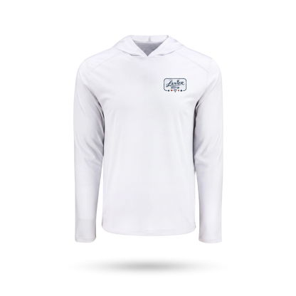 White long-sleeve hooded SolarTech performance shirt with a left chest Lanier "DEAL ME IN" logo on the left chest, displayed on a clean white background with a soft drop shadow.