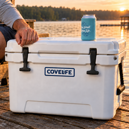 A white COVELIFE cooler sits on a wooden dock by the water at sunset, with a person's hand resting on the lid and a light blue can in a turquoise sleeve on top. The background shows a calm lake and trees in warm golden hour light.