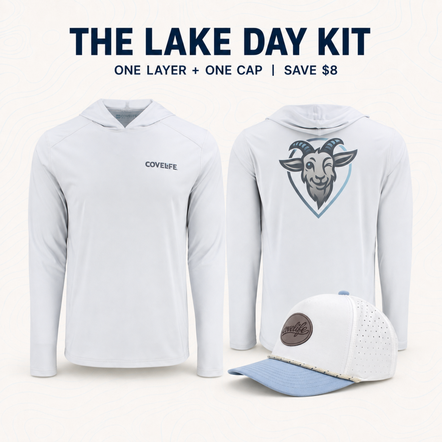 The Lake Day Kit featuring a pearl gray long-sleeve performance hoodie with a small navy COVELiFE logo on the chest, and back of shirt featuring covelife goat mascot logo on back with laser perforated DRiFTFiT cap with a brown oval covelife embossed.