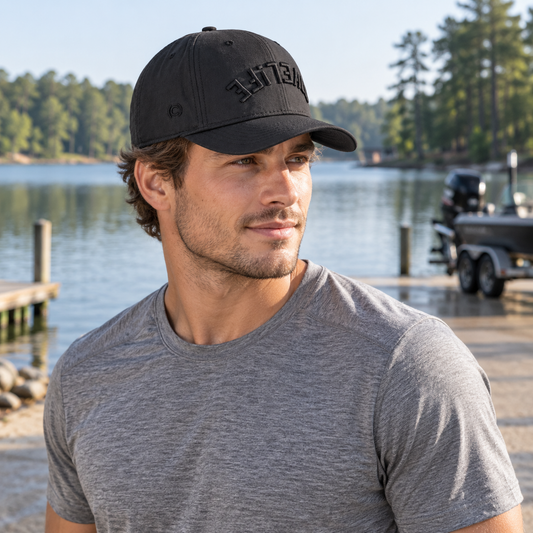 A man wearing a black baseball cap with the brand name 'COVELiFE' in black embroidery and a heather gray t-shirt, standing outdoors near a lake with a boat in the background.