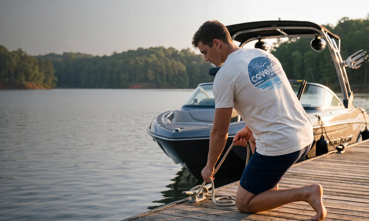 Man wearing a COVELiFE graphic tee while tying a boat at the dock