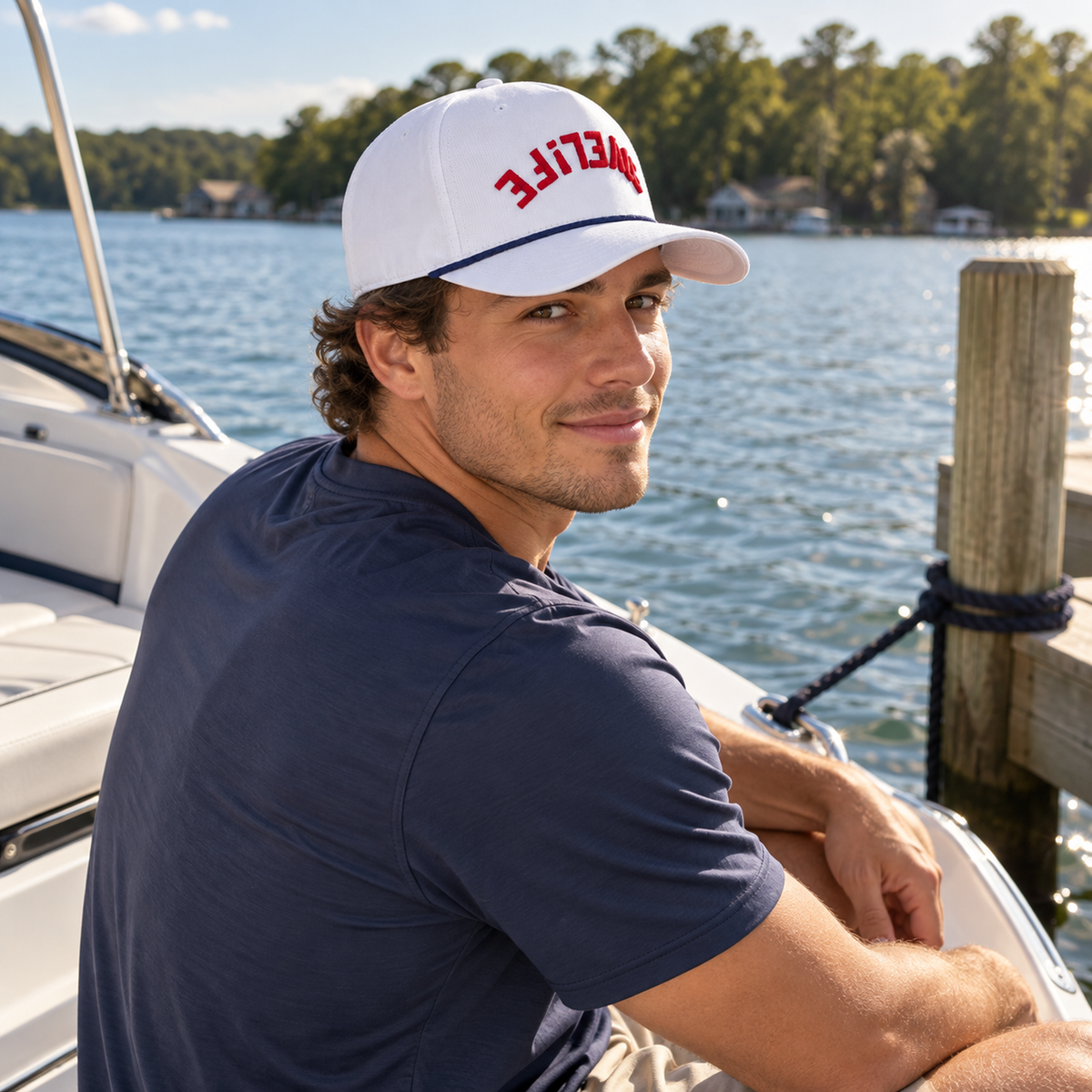 A man sitting on a boat at a dock wearing a white baseball cap with red 'COVELiFE' lettering and a navy blue t-shirt, with water and trees in the background.